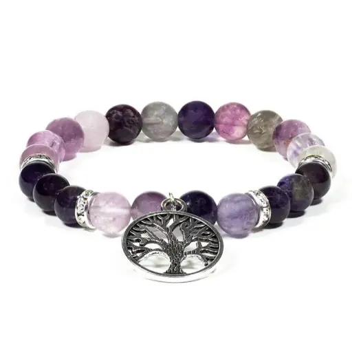 Pulsera Elástica Fluorita y Amatista con Árbol de la Vida 8mm